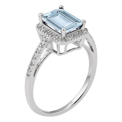 10k White Gold Genuine 1.60ct Emerald-cut Aquamarine and Diamond Halo Ring - Picture 2 of 5