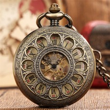 Bronze Roman Numerals Hollow Flowers Mechanical Hand Wind Pocket Watch Gifts