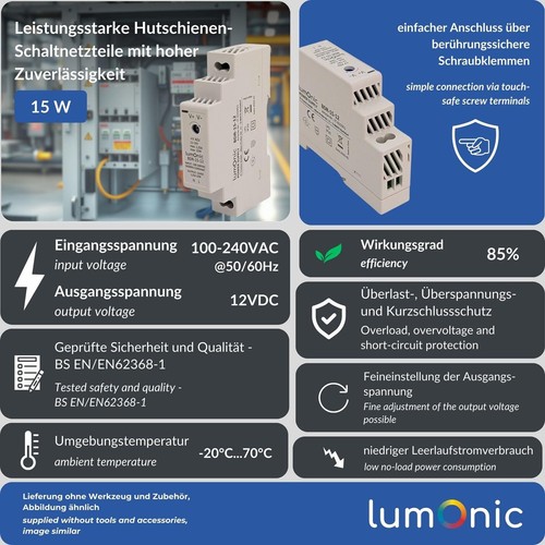 Netzteil Hutschiene BDR-15-12 12V 15W Input 100-240VAC Überlastschutz & kurzschl - Picture 4 of 9