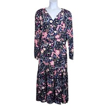 Loft Womens Long Sleeve Pink Floral Print V-Neck Shirred Midi Dress Size XL NWT