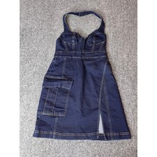 Urban Outfitters Denim Halter Mini Dress Dark Wash Blue XS With Pocket Slit