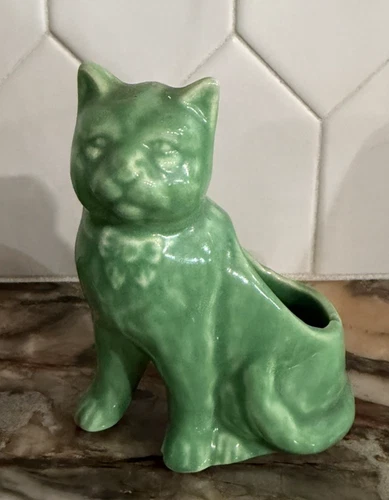 Vintage MCM green ceramic cat planter McCoy? ~4.5 inches tall