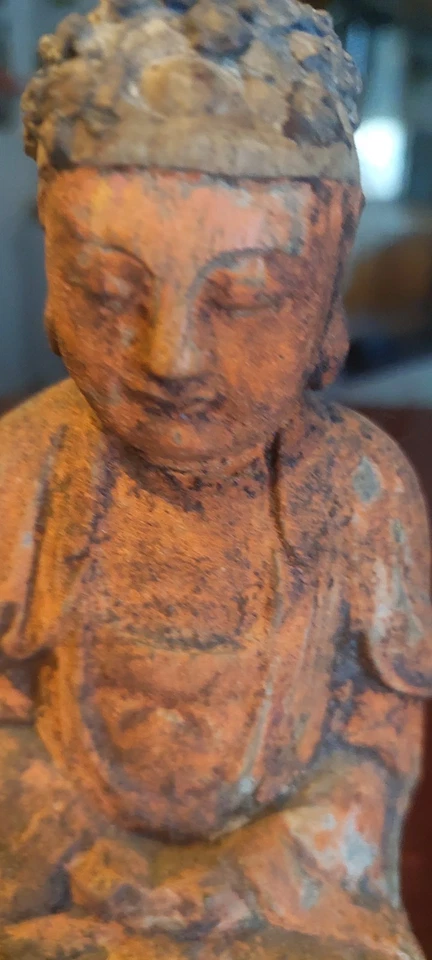 ANTICA SCULTURA LEGNO POLICROMO BUDDHA CINA - Immagine 3 di 4