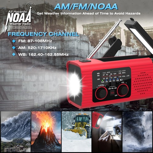 Radio Meteorológica, 4000mAh NOAA Radio Alerta Meteorológica Carga Solar, Manivela y... - Imagen 4 de 9