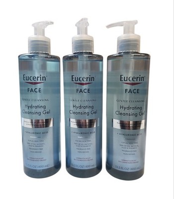 3 Pack Eucerin Face Gentle Hydrating Cleansing Gel + Hyaluronic Acid, 13.5 oz