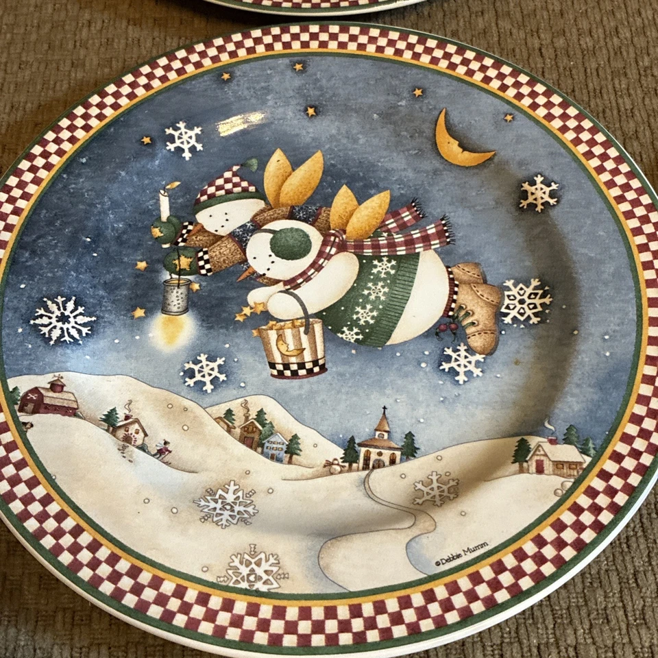 NEW BOXED Set of 4 Debbie Mumm Snow Angel Village Salad Dessert Plates Sakura - Image 2 of 4