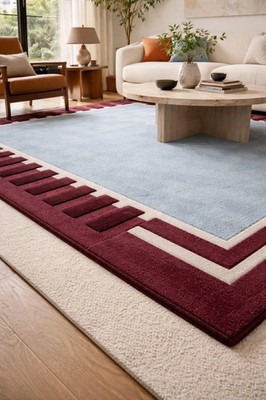 Hand Tufted Wool Area Rug   Sky Blue, Burgundy Geometric Border Design Area Rug.