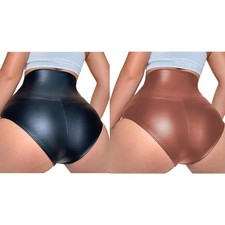 Women Faux Leather Hot Pant Elastic High Waist Thong Booty Shorts for Night Out