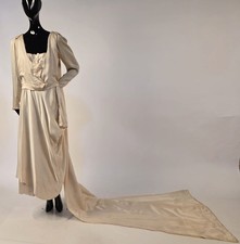 LATE EDWARDIAN CANDLELIT SILK WEDDING DRESS W LONG TRAIN