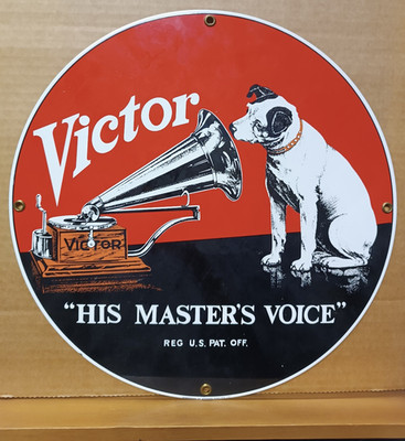 VICTOR His Master's Voice  / rundes Emailschild ca. 1985 Grammophon & Nipper