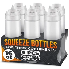 SET OF 6 CONDIMENT SQUEEZE BOTTLES FOR SAUCES 16 OZ – EASY-TO-FILL CLEAR BOTTLES