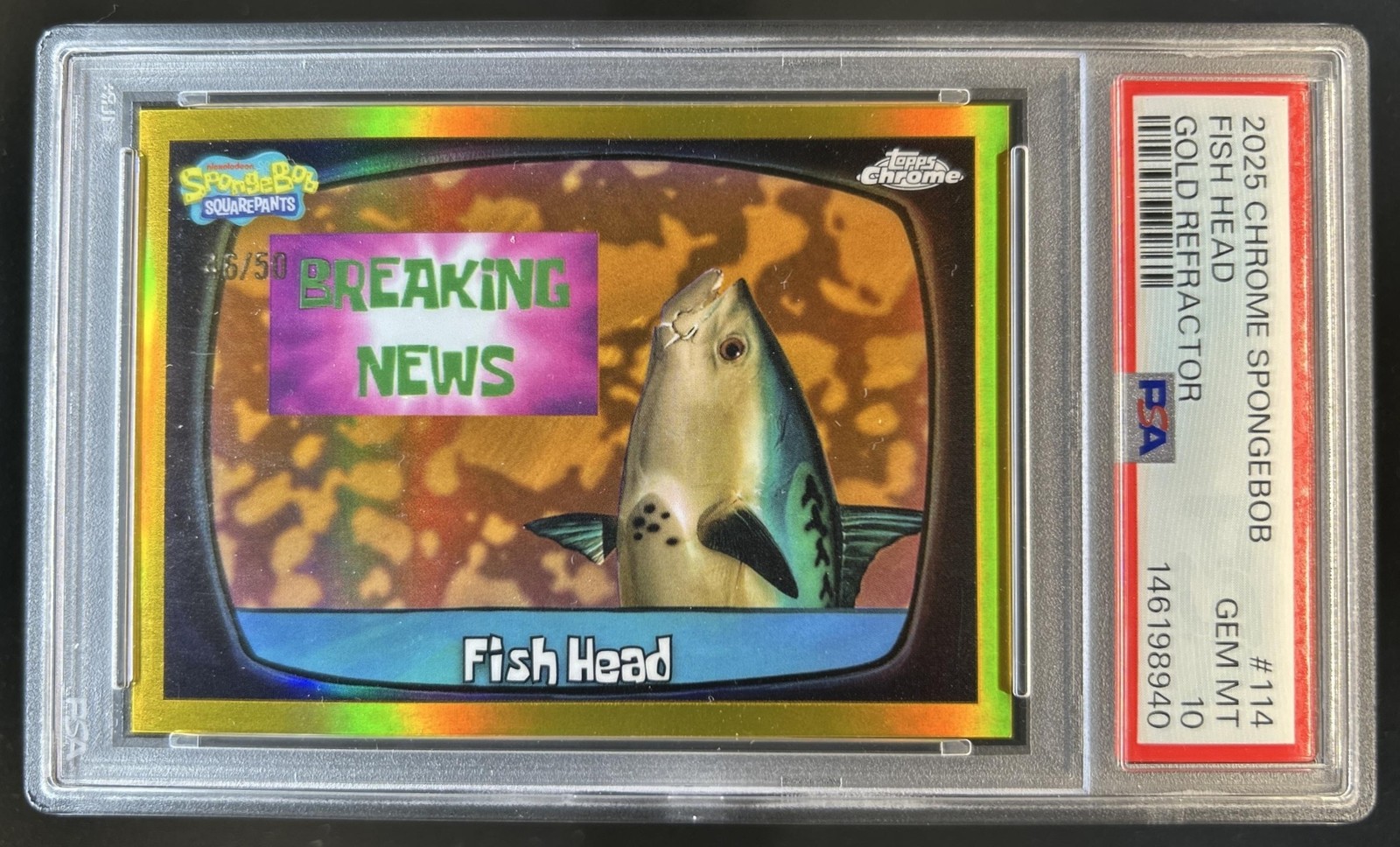 2025 Topps Chrome SpongeBob Squarepants Fish Head Gold Refractor #/50 PSA 10