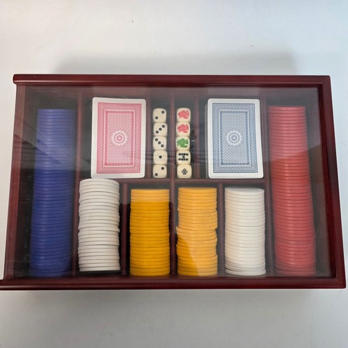 Vintage Wooden Poker Chip Set with Playing Cards Poker Dice and Sliding Lid Case