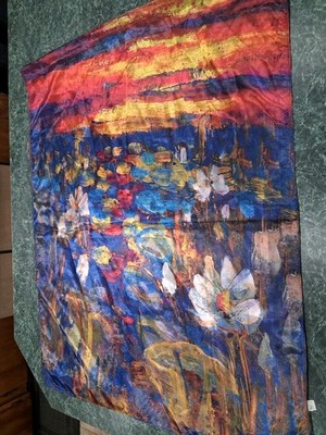 Water Lilies by MONET Scarf Vintage Silk Satin Square  Hand Rolled Blue Orange