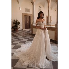 White Pearl Off Shoulder Lace Wedding Dress Detachable Train Zip Bridal Gown