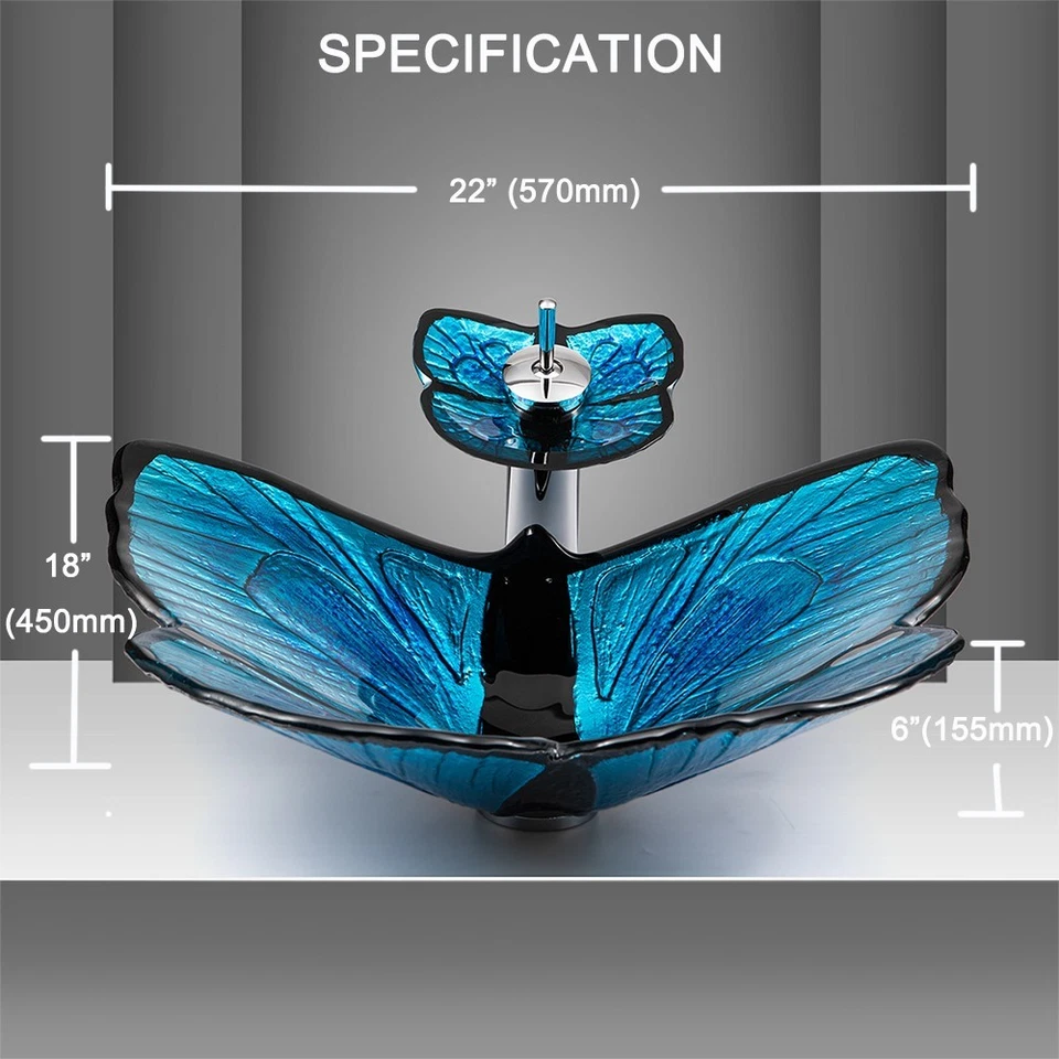 Fregadero de lavabo de encimera de baño en forma de mariposa negro y plateado brillante Foto 2 de 4