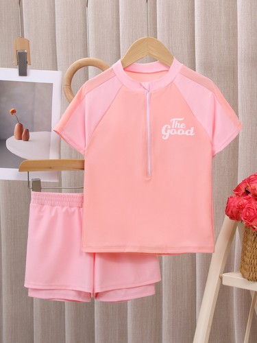 Girls Swim Shirt and Shorts Set Short Sleeve Rash Guard UV Protection Swimwear - Picture 10 of 17