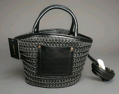 FOREVER 21 Black Straw Bucket Bag Top Handle Satchel Crossbody Strap NWT