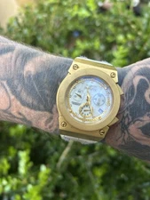 Invicta Gold-Tone Chronograph Wristwatch White Dial White Leather Strap Analog