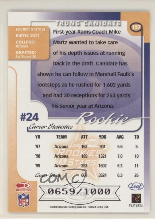2000 Leaf Rookies & Stars Rookie /1000 Trung Canidate #157 RC - Image 2 of 2