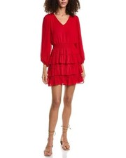 Vince Camuto Women's V-Neck Balloon-Sleeve Tiered Dress Chiffon Red Size Small