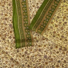 Sanskriti Vintage Saree Cream Soft Pure Silk Kalamkari Printed Sari 6 Yd Fabric