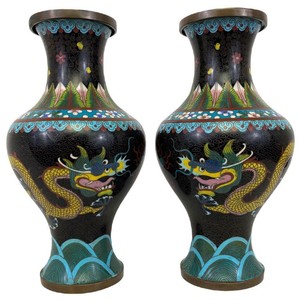 Pair Qing Antique Chinese Asian Imperial Dragon Black Cloisonne Bronze 9" Vases