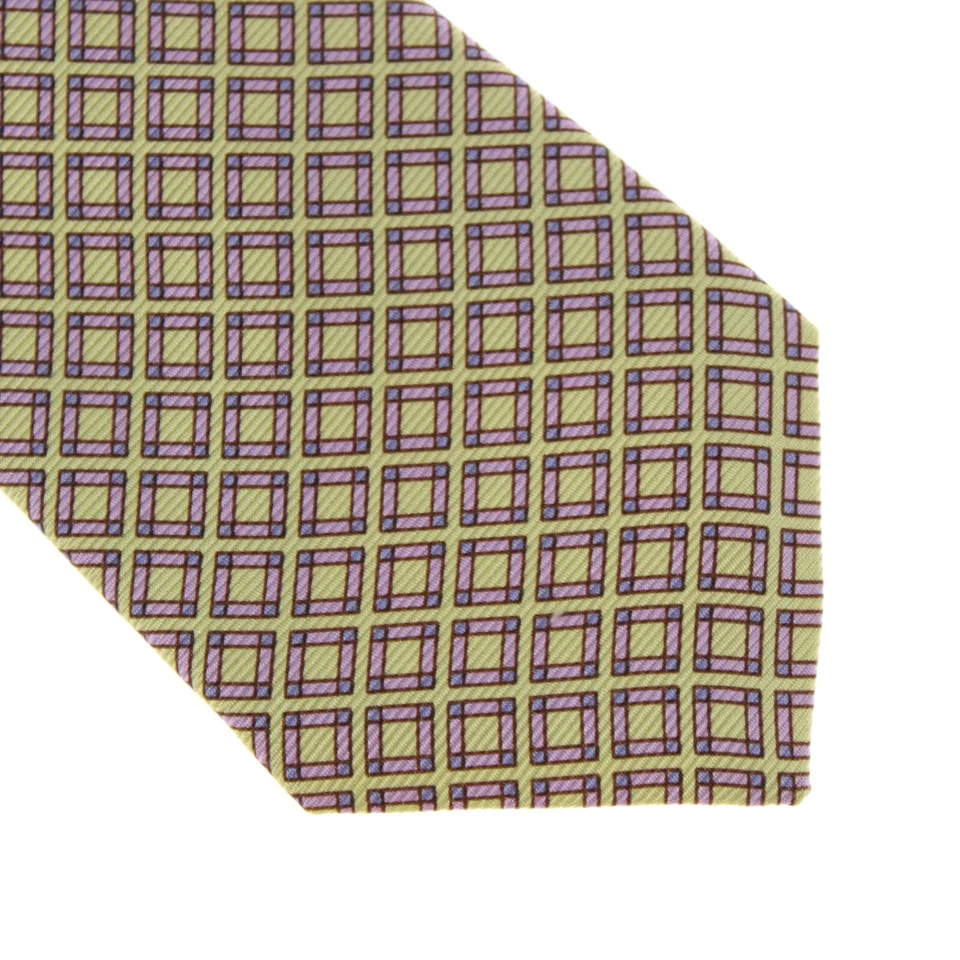 Kiton 全新无标签 100% 真丝七折领带淡黄色带薰衣草/棕色方形 — 第 2/4 张图片