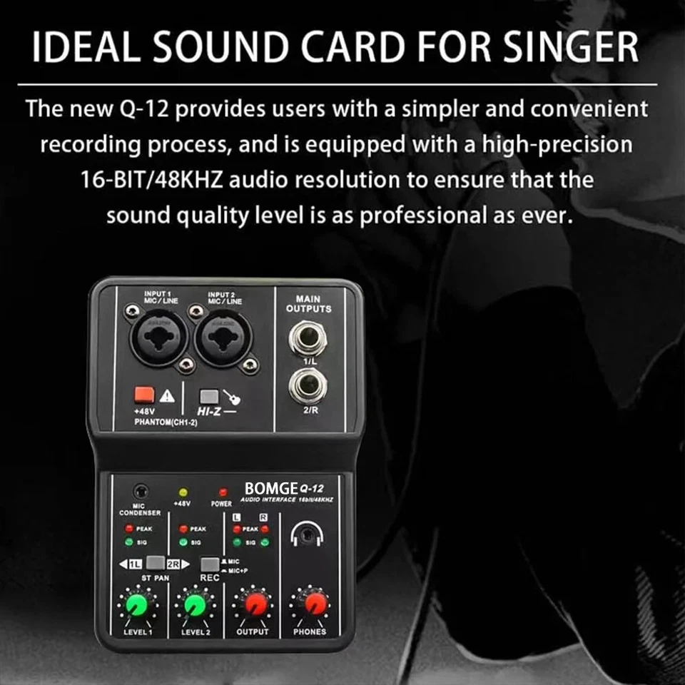USB Audio Interface for PC Mac Live Guitar Recording Singing Mini Sound Card Q12 - Image 4 of 4