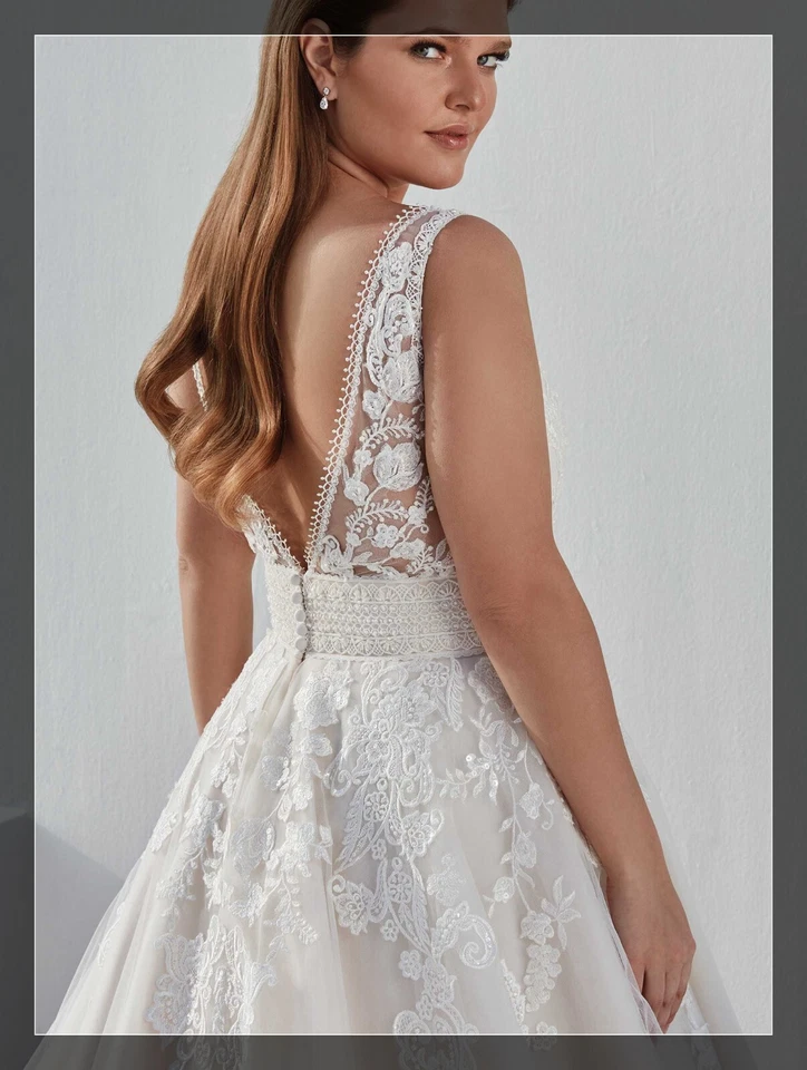Träger Brautkleid Hochzeitskleid Elfenbein Weiß 32-60 V-Ausschnitt Perlen n.Maß - Bild 3 von 4