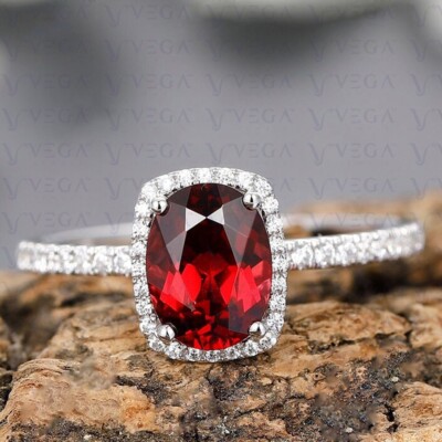 4.00carat Oval Cut Natural Ruby & Diamond Engagement Ring 18K White Gold Plated