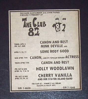 Cherry Vanilla, Holly Woodlawn, Mink Deville Club 82 NYC 1976 Small Concert Ad