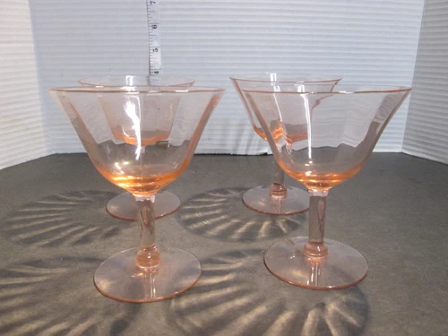 Vintage Set of 4 Pink Depression Glass cocktail Glasses Optic Paneled Design