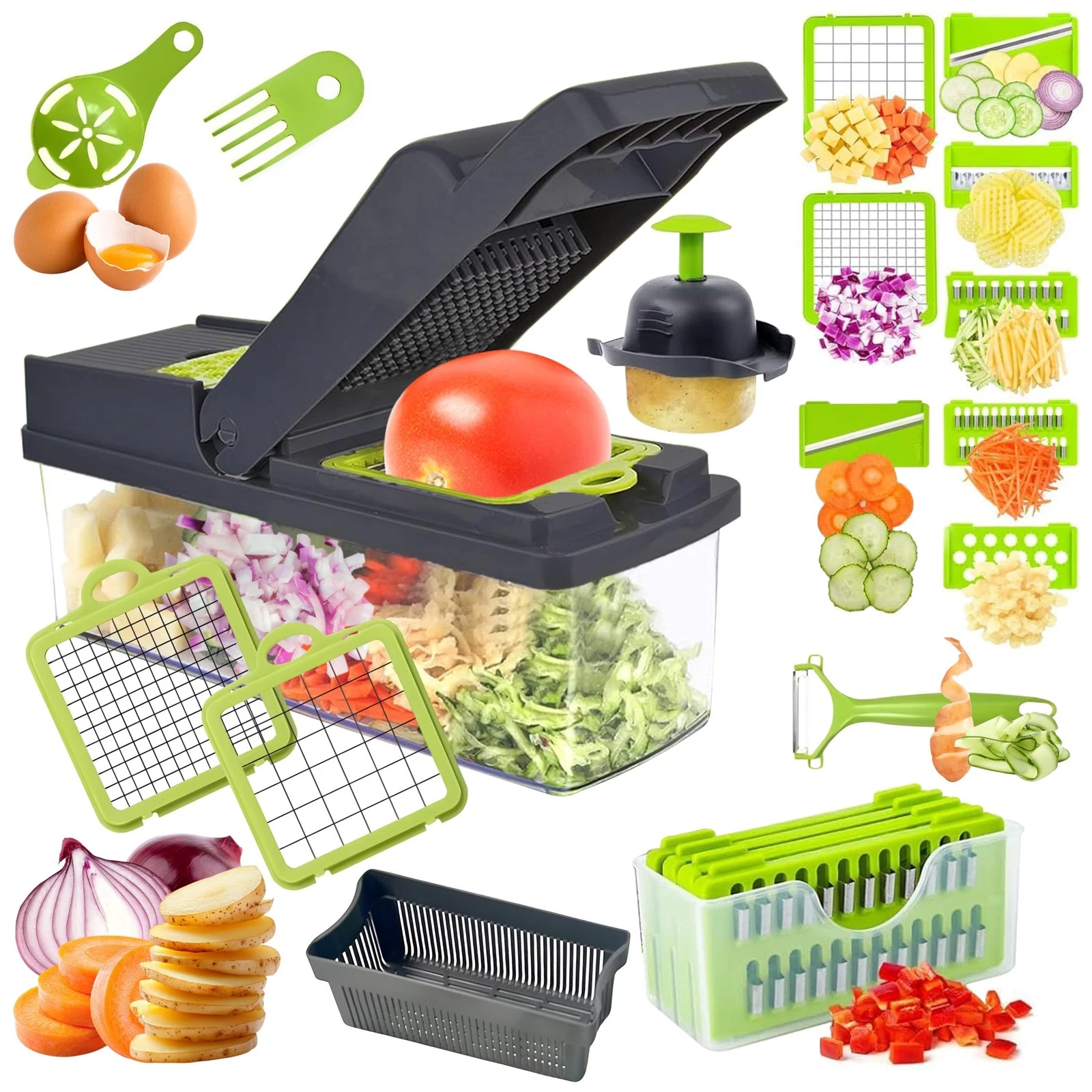 Vegetable Chopper 15 in 1- Multifunctional Food standard, Black and Green