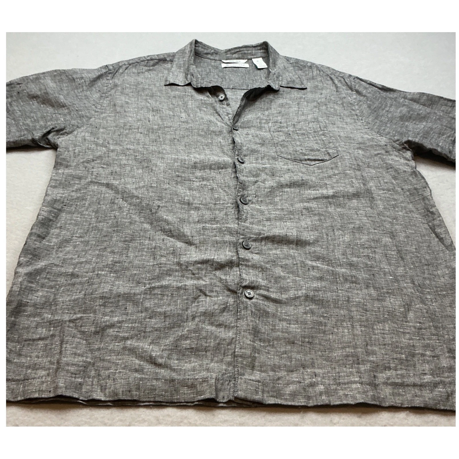 Perry Ellis Linen Shirt Short Sleeve Button Up Grey XL Casual Summer Pocket