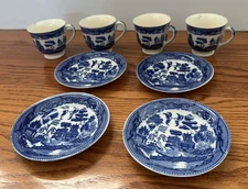 Japanese Blue Willow Tea Cups And Saucer Set Serving 4 vintage antique dishes