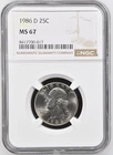 1986 D Washington Quarter NGC MS67 Spotless