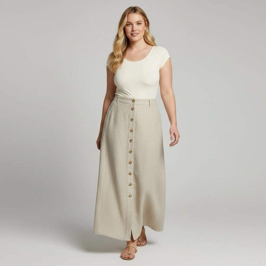 VINTAGE EDDIE BAUER Size 18 100% Linen Maxi Skirt Oatmeal Beige 1XL Classic