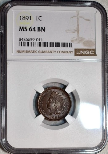 NGC MS-64 BN 1891 Indian Head Cent, Highly Lustrous, Frosty specimen.