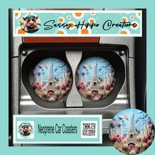 Car Coasters 3D Eiffel Tower Butterfly Flowers Paris Set of 2 Neoprene Absorbent
