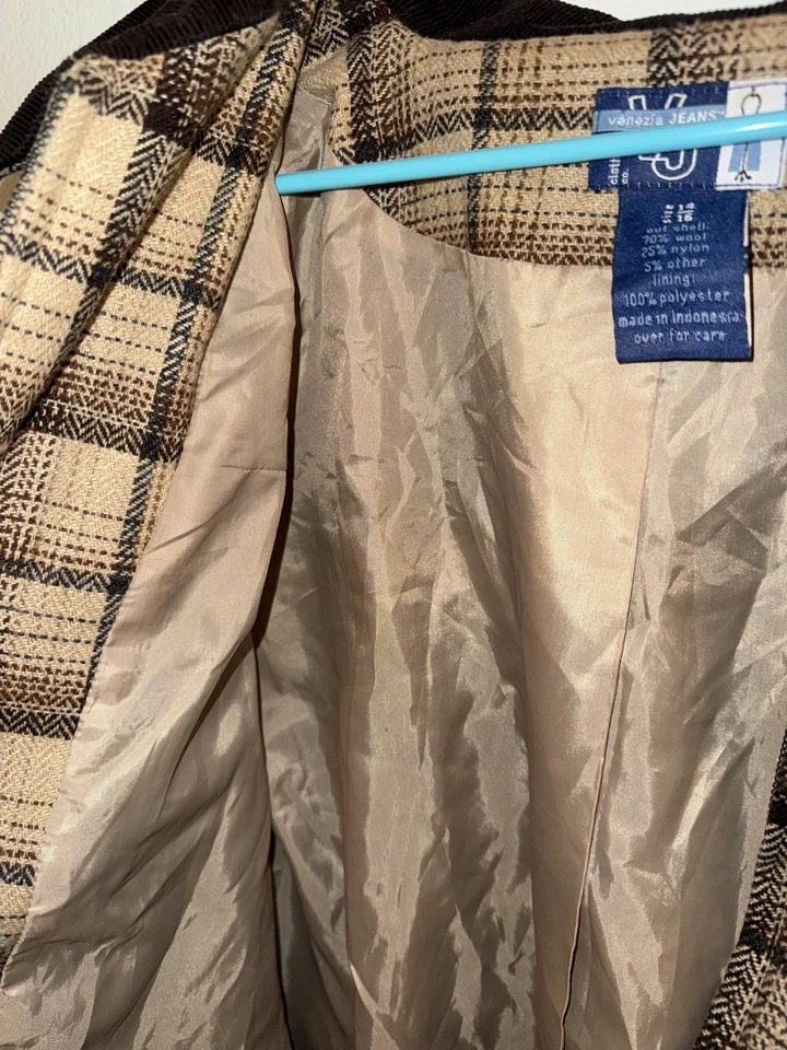 Винтажная желтовато-коричневая шерстяная клетчатая куртка Venezia Jeans Clothing Co. женская 14/16 XL - Изображение 2 из 4
