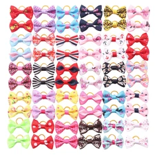 60PCS Handmade Puppy Dog Hair Bows with Rubber Bands - Cute Patterns