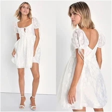 Lulus Exceptionally Angelic White Floral Puff Sleeve Mini Dress Size L