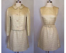 Gorgeous 60s GOLET Original Gold Brocade 2 Pc Dress Jacket Set Suit S Small