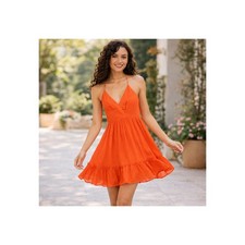 A Line Mini Dress Deep V Neck Spaghetti Strap Open Back Criss Cross Orange