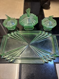 Sowerby 1930s Art Deco Green Glass Vanity Dressing Table Set