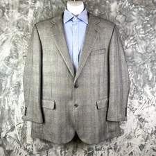 Jos A Bank Silk Camel Hair Sport Coat 46L Gray Blue Glen Plaid Blazer Luxury