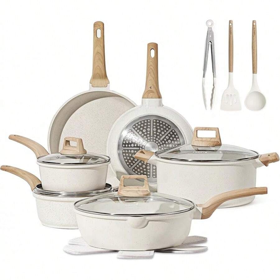 White Granite Nonstick Cookware Set – Multifunctional Pots & Pans with Durable Coating