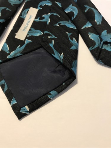 Blue Dolphin Hand Made men's Neck Tie by A Rogers Black Background VTG - Picture 6 of 6