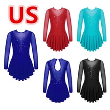 Kid Figure Ice Skating Dress Leotard Roller Skating Sheer Mesh Ballet Dance-wear